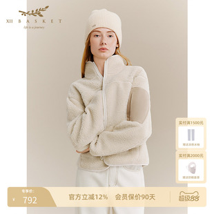 十二篮专选美式立领羊羔毛短外套撞料口袋百搭休闲女冬季