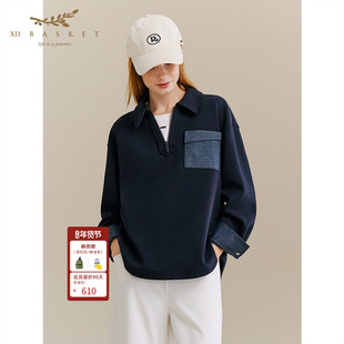 十二篮25冬新款半拉链polo领卫衣复古假两件衬衫拼接上衣休闲女