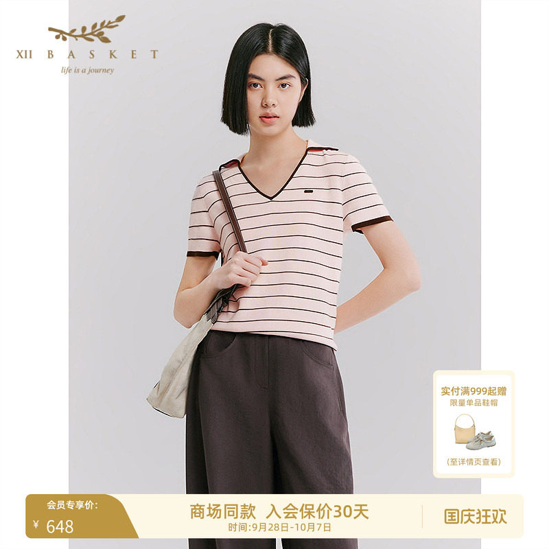 十二篮海军领条纹针织衫