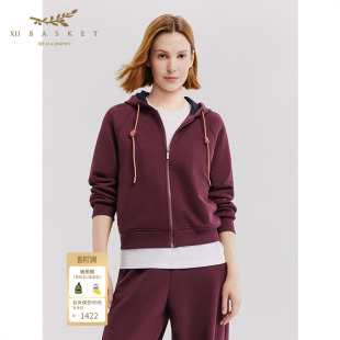 十二篮26春新款 加厚廓形显白显瘦百搭酒红运动外套女 连帽卫衣短款