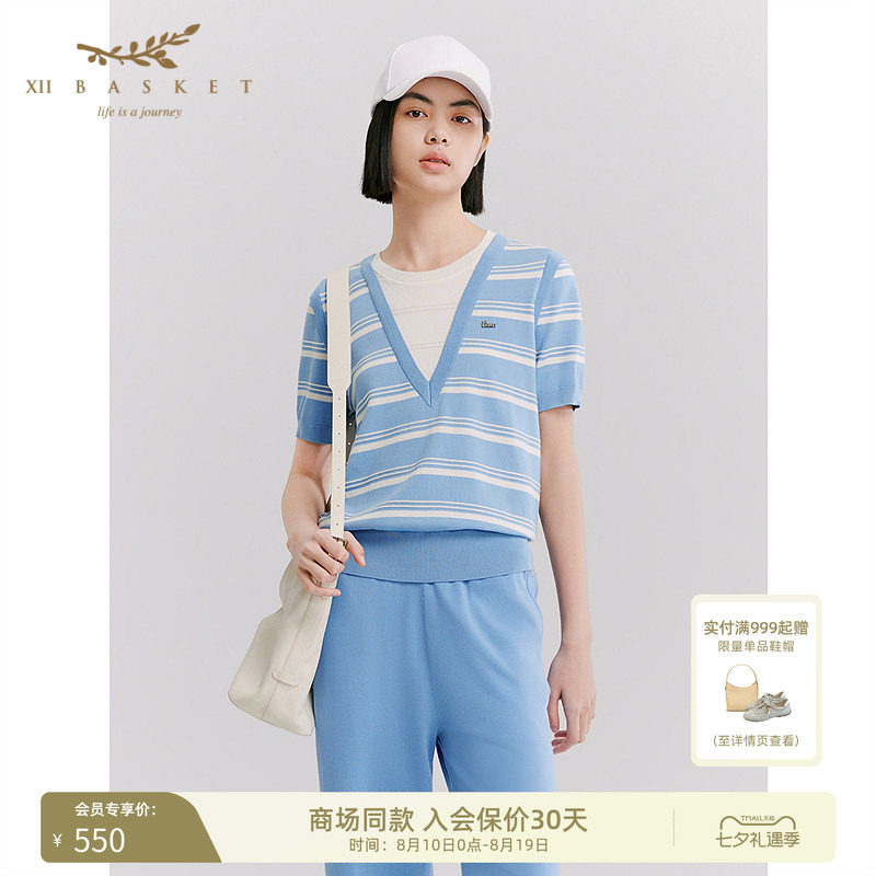 十二篮拼接撞色条纹针织衫