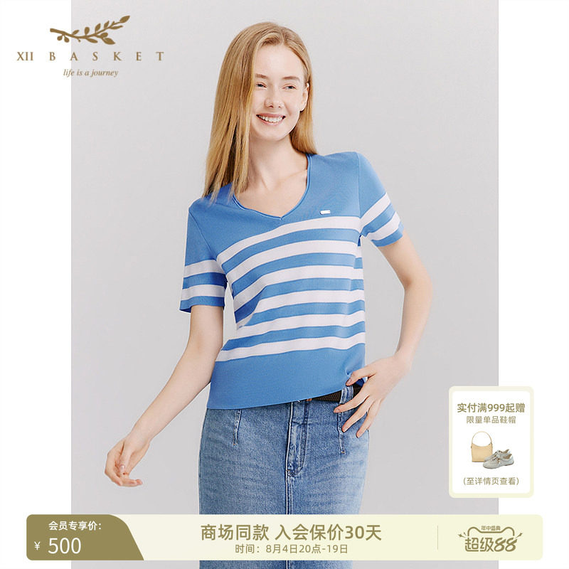十二篮深V凉感条纹针织衫