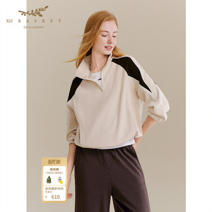 十二篮专选冬季 美利奴羊毛运动卫衣撞色半拉链休闲上衣女