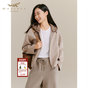 十二篮商场同款25冬新款羊毛羊绒双面呢可拆连帽大衣短款外套女