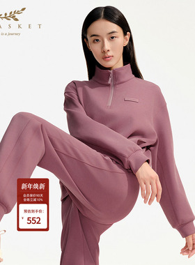 XII BASKET十二篮冬款沙粉色半开襟简约慵懒风时尚百搭立领卫衣女