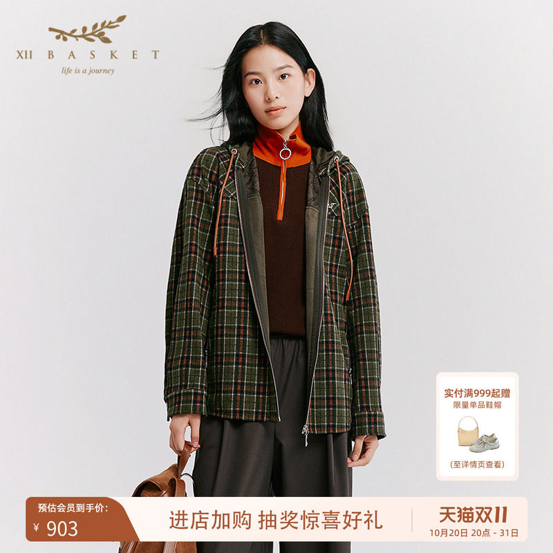 十二篮格纹抽绳连帽拉链外套