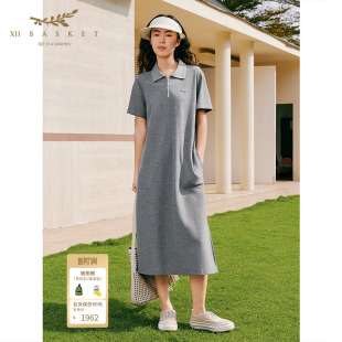 十二篮26夏新款 高级感运动风polo领连衣裙棉质休闲直筒半拉链灰色