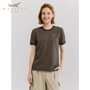 复古条纹舒适户外休闲上衣女绿 短袖 十二篮26夏新款 圆领T恤针织衫