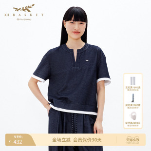 十二篮专选撞色假两件V领半袖上衣T恤休闲百搭简约短袖夏季