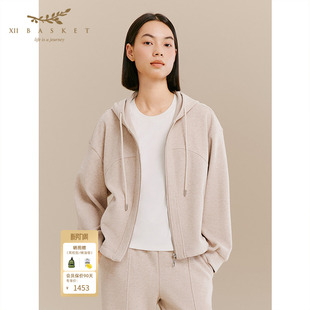 十二篮专选26春新款 连帽卫衣短外套女宽松廓形休闲运动上衣杏色