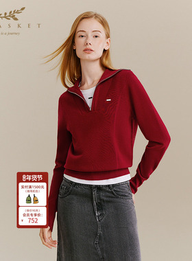 十二篮专选25秋新款中国红休闲翻领通勤毛织衫舒适上衣女时尚百搭