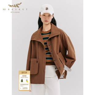 十二篮26春新款 休闲通勤夹克女咖啡色 复古美拉德大翻领外套工装
