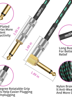 AUGIOTH吉他线贝斯线两根装 6.35mm直转弯头 编织降噪连接线1~6米