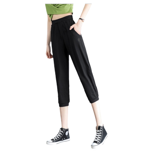 乔丹七分裤女短裤2026夏季薄款冰丝束脚女裤大码宽松黑色运动裤子