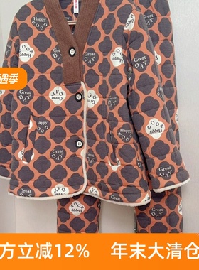 芬腾专柜款针织棉袄三层夹棉印花睡衣女冬加厚保暖V领家居服套装