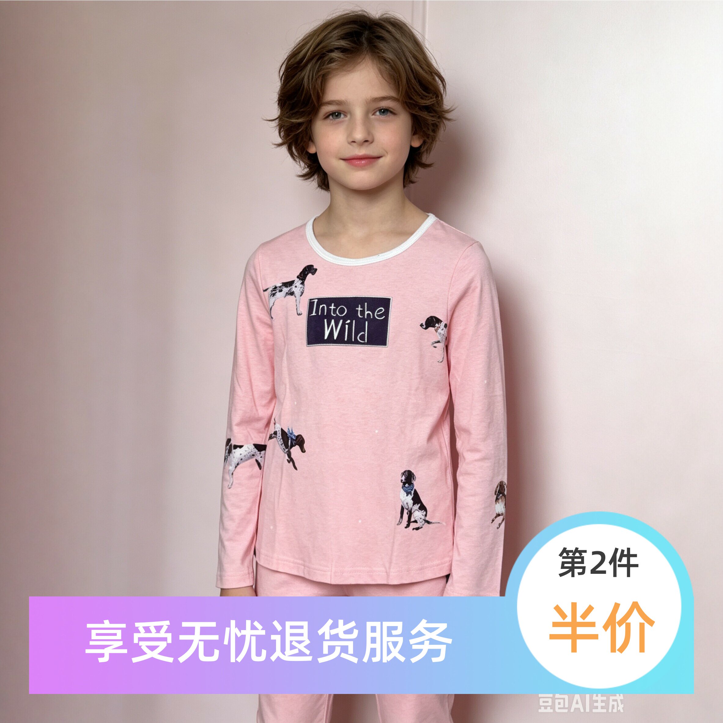 芬腾断码特价女童春秋季纯棉卡通狗图案家居服睡衣套装舒适居家风