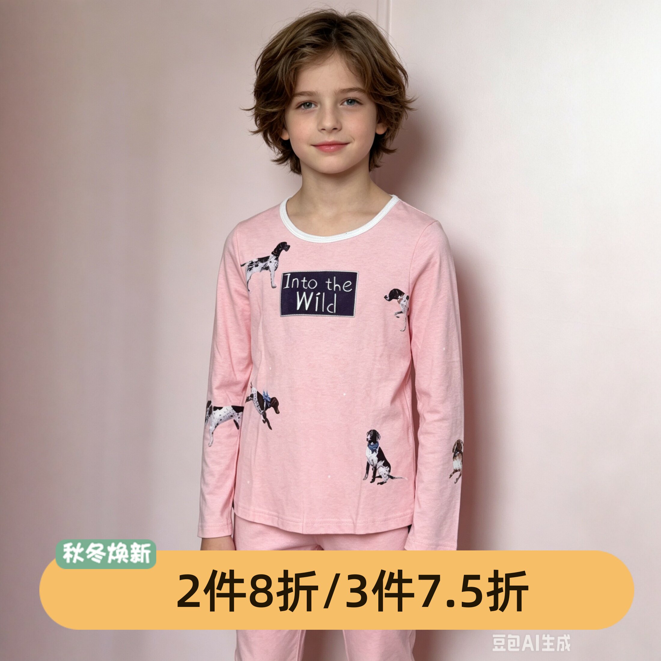 芬腾断码特价女童春秋季纯棉卡通狗图案家居服睡衣套装舒适居家风