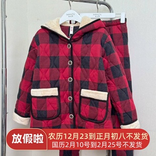 芬腾专柜款女士三层加厚夹棉睡衣冬季保暖连帽家居服红色格子套装