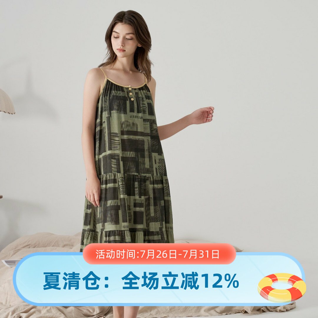 随棉几何印花吊带针织棉睡裙女夏季可外穿家居服度假高级感中长裙