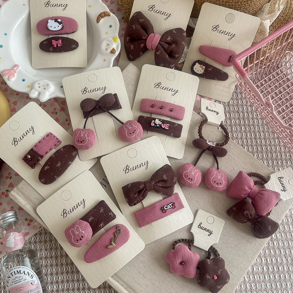 新款咖粉色刺绣兔子发饰边夹发夹