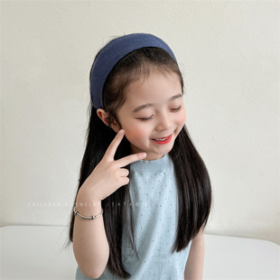 蓝色格纹宽边发箍2025儿童女童高颅顶带齿防滑不勒头头箍发捆头饰