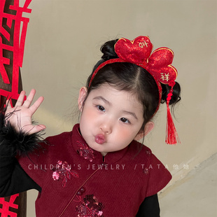 儿童拜年头饰新年发箍女童可爱丸子头箍小女孩新年红色喜庆發发饰
