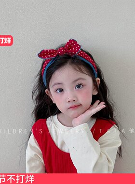 秋冬红色波点蝴蝶结发箍女童漂亮牛仔高颅顶甜美不勒头头箍发卡