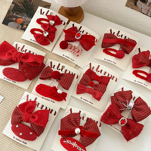 新年喜庆红色蝴蝶结发夹儿童日红色系列组合女童花朵布艺BB夹头饰