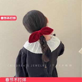 新年款复古丝绒蝴蝶结兔耳朵肠发圈女童扎丸子头皮筋儿童秋冬头绳