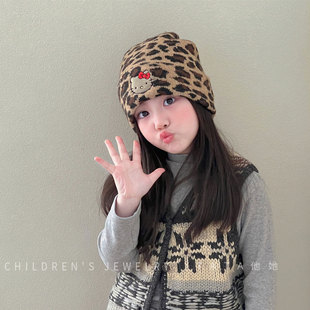 韩国儿童冬季保暖百搭女童毛线帽豹纹帽子新款个性小猫刺绣针织帽