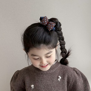 波点咖色牛仔蝴蝶结大肠发圈儿童丸子头发绳小女孩复古发箍皮筋