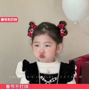 红色儿童发夹女童新年蝴蝶结公主发圈2026款宝石发卡女孩过年头饰