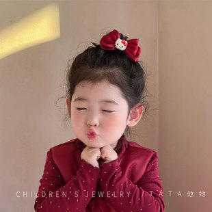 新年儿童红色丝绒蝴蝶结顶夹后脑勺刘海夹宝宝高颅顶可爱发绳发饰