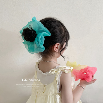 湖蓝亮色欧根纱弹力大肠发圈儿童韩系韩版丸子头甜美网纱发绳头花