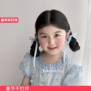 蓝色芭蕾风长款飘带蝴蝶结发圈儿童法式双马尾头绳发卡女童侧边夹