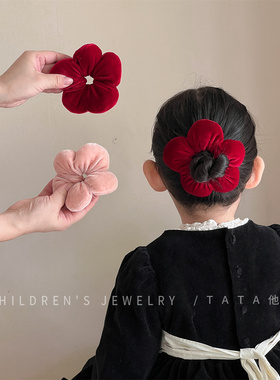 新年红色丝绒花朵套圈甜美肠圈女童扎马尾头绳发饰宝宝高马尾头绳