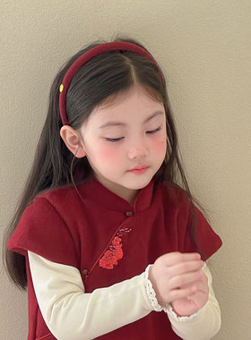 秋冬儿童新年红色丝绒细发箍小女孩防宝宝滑卡通不勤百搭头箍发饰
