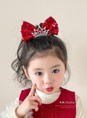 新年红色儿童发饰女童皇冠头顶大蝴蝶结在逃小公主亮片发夹女孩子