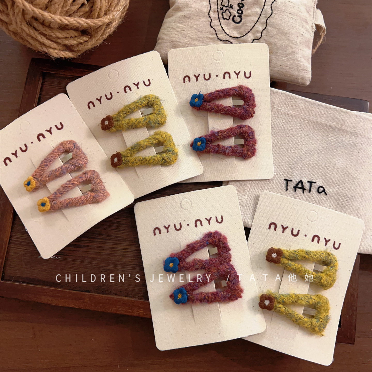 可爱三角毛线花朵发夹宝宝甜美刺绣小花BB夹百搭侧边碎发刘海夹子