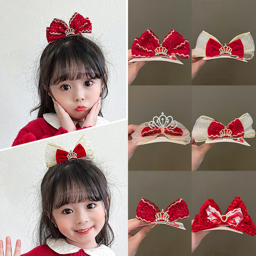 新年喜庆红色立体蝴蝶结皇冠发夹
