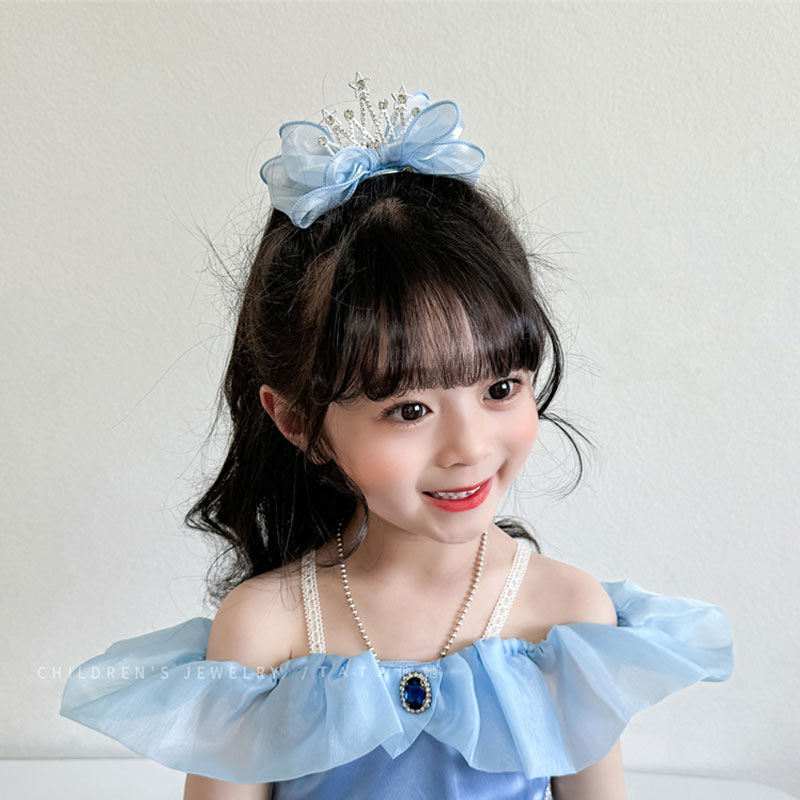 皇冠公主头饰儿童蓝色发夹小女孩蝴蝶结立体顶夹超仙公主王冠发饰