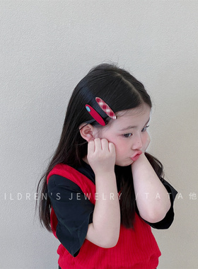 新年红色2026年复古格纹蝴蝶结发夹儿童甜美学院风港风复古刘海夹