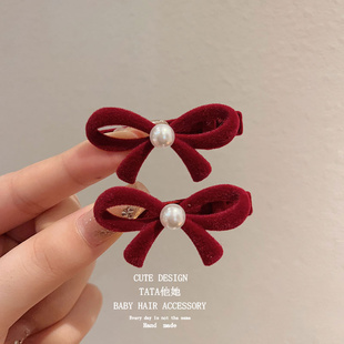 新年红色头饰发夹儿童公主刘海夹前额侧边夹子小号蝴蝶结发卡对夹
