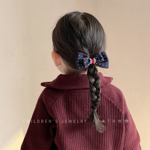 宝宝布艺波点蝴蝶结头绳女童藏青高级感不伤发皮筋BB夹子发绳头饰