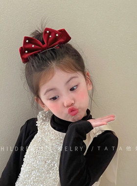 新年圣诞红色立体丝绒蝴蝶结顶夹儿童高级感发夹头饰女童公主发卡