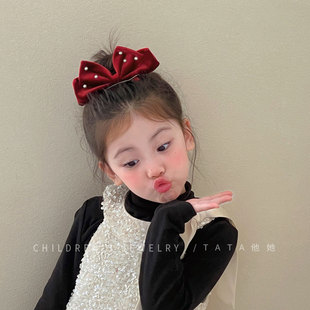 新年圣诞红色立体丝绒蝴蝶结顶夹儿童高级感发夹头饰女童公主发卡