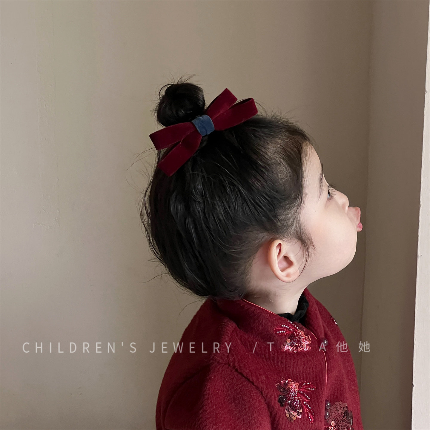 儿童酒红丝绒撞色蝴蝶结发夹复古女童头绳高级感女宝宝甜美头饰品