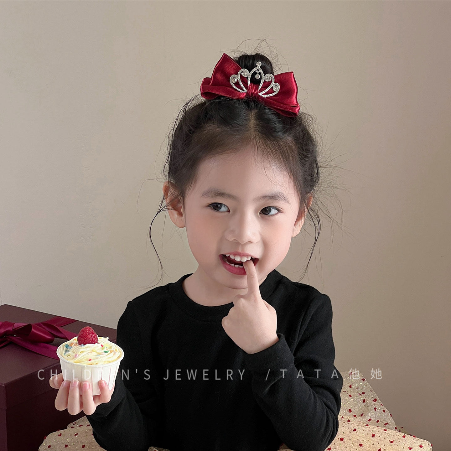 超仙公主皇冠立体蝴蝶结发夹红色新年儿童精致顶夹发卡小女孩头饰