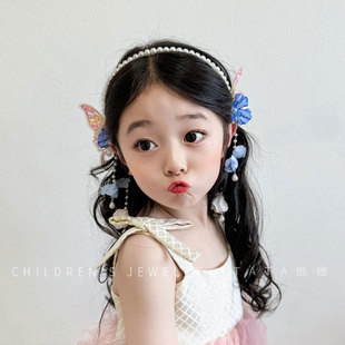 超仙彩色蝴蝶流苏珍珠发箍儿童古风头饰女童公主汉服发饰宝宝发卡