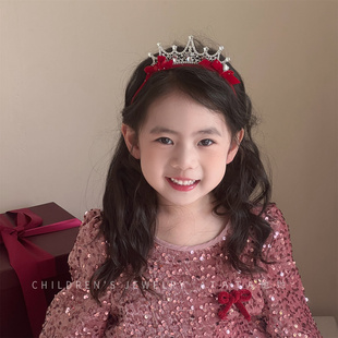 新年红色水钻皇冠发箍儿童喜庆过年发饰头箍女童公主生日王冠头饰